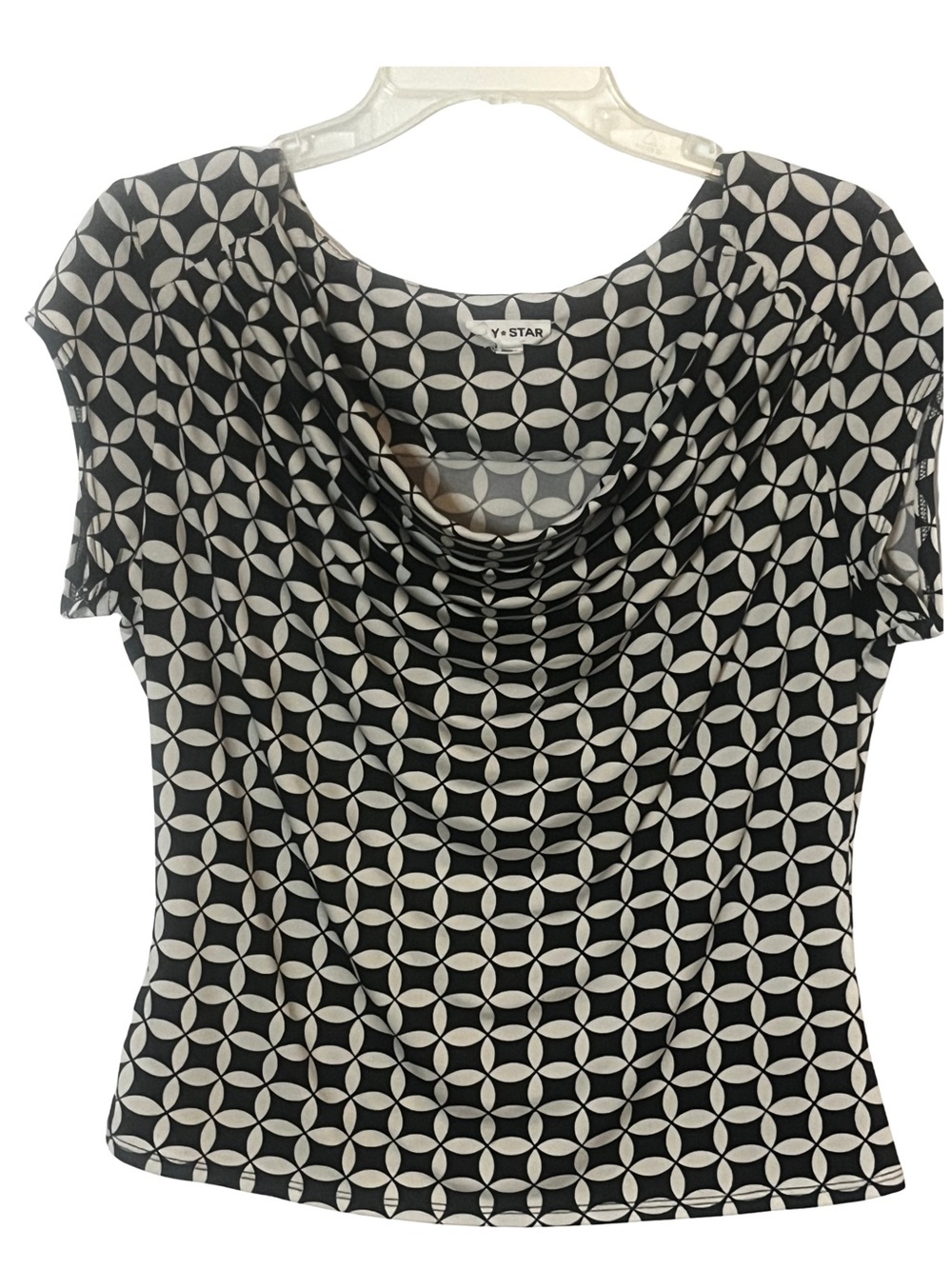 V-Star Black & White Geometric Cowl Neck Short Sleeve Top - Women's